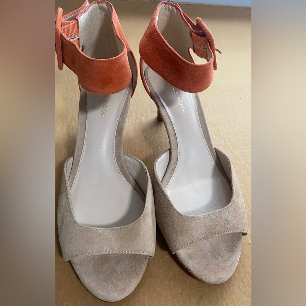Pelle Moda Tan Heels with Vibrant Orange Strap